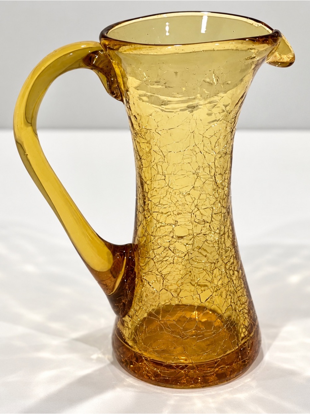 Hand Blown Mini Petite Sun Yellow Crackle Glass Pitcher Vase | EUC